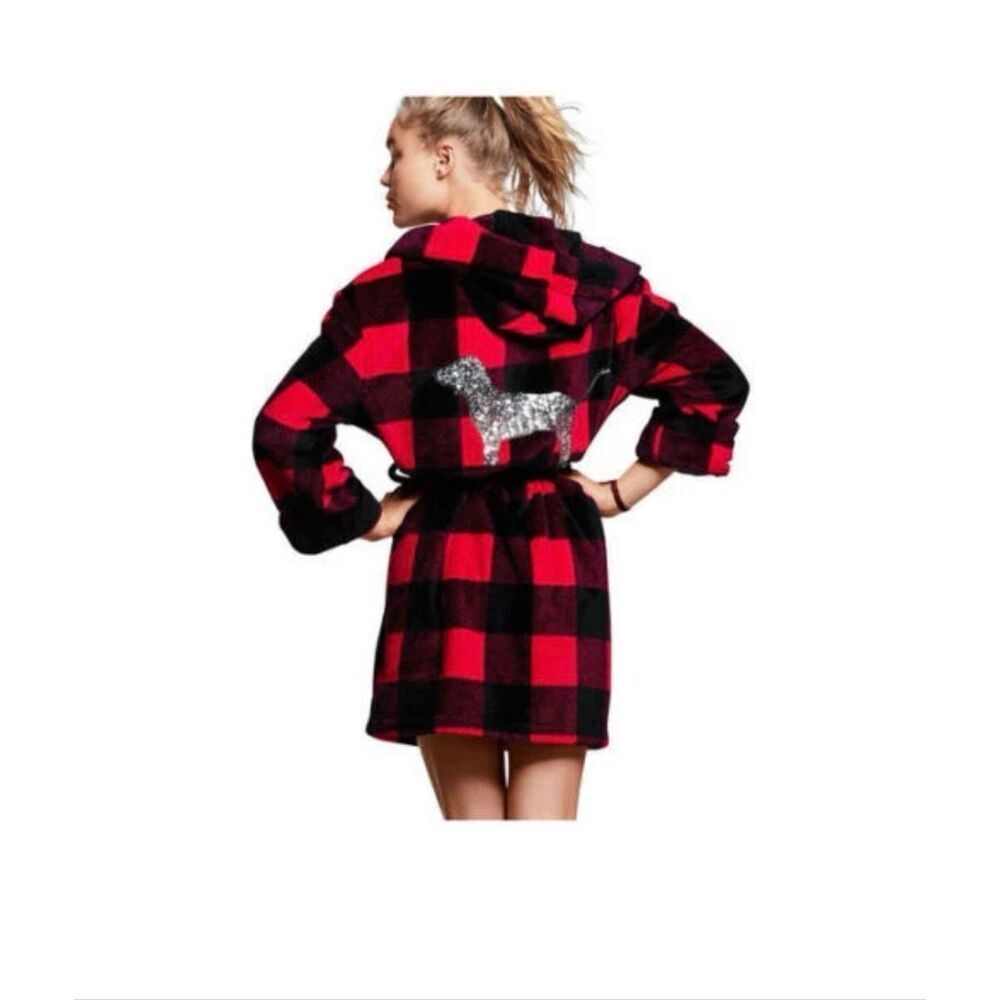 PLUSH ROBE Victoria's Secret PINK Sequins Dog Red Buffalo Plaid Pink Bath XS/S h